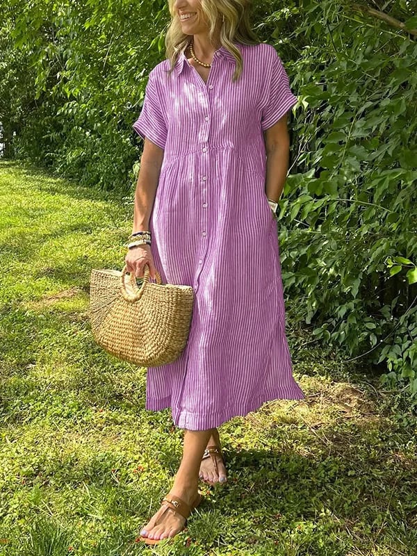 Back view of Women's Striped Button Front Midi Dress showing flowing drape and midi hemline