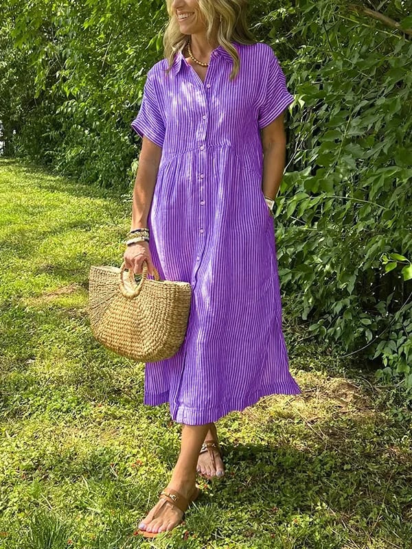 Woman styling Women's Striped Button Front Midi Dress with sandals for relaxed daytime look