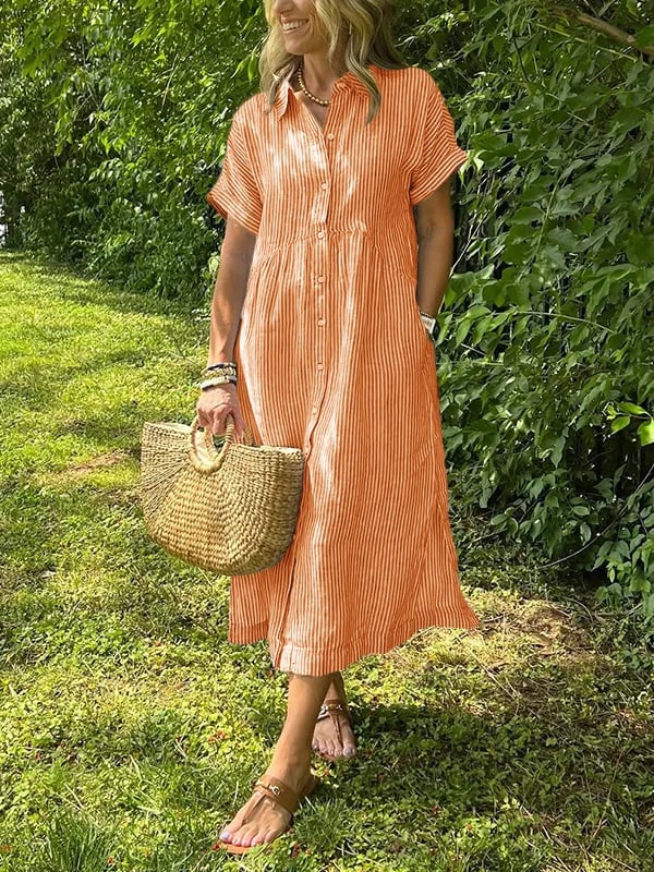 Three-quarter view of Women's Striped Button Front Midi Dress highlighting gathered waist and shirt-dress silhouette