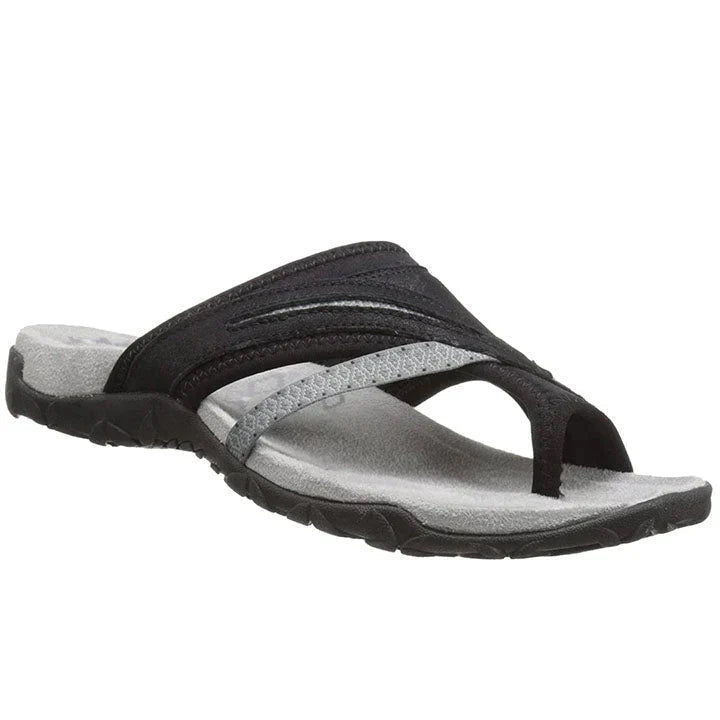 Detailed shot of the cross-strap upper and breathable open-toe structure on the orthopaedic sandal
