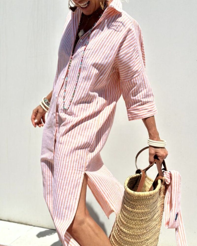 Close-up view of Women Striped Button Front Midi Shirt Dress showing collar detail and button-through closure