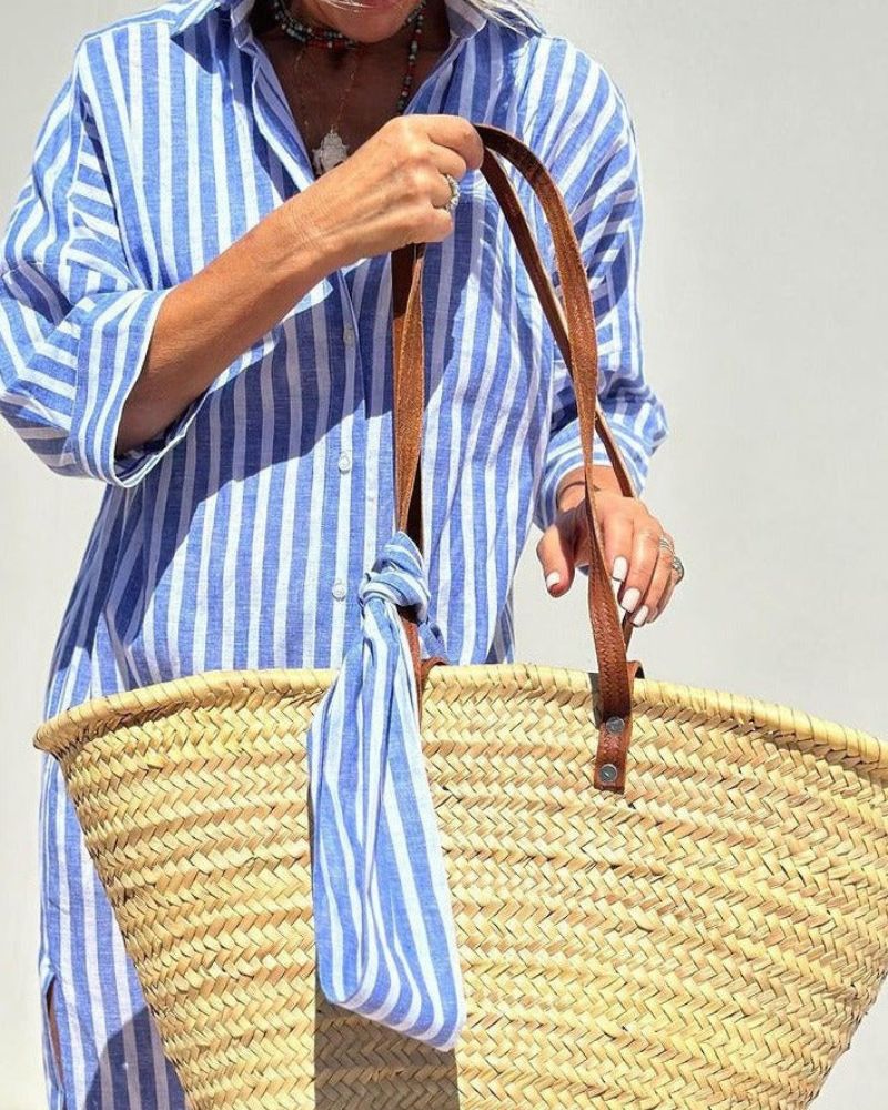 Full-length view of Women Striped Button Front Midi Shirt Dress with three-quarter sleeves and side slits