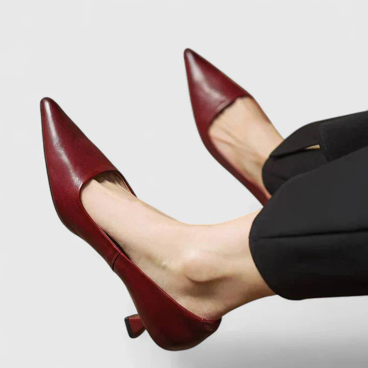 Orthopedic Kitten Heel Pumps in reddish brown with pointed toe and low stable heel worn with black trousers