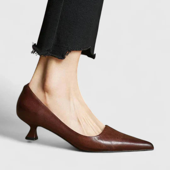 Close-up of pointed toe Orthopedic Kitten Heel Pumps showing smooth finish and structured silhouette