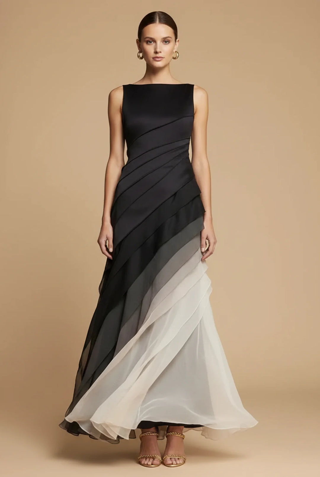Women's Black Formal Maxi Dress with tiered ombré chiffon skirt and boat neckline