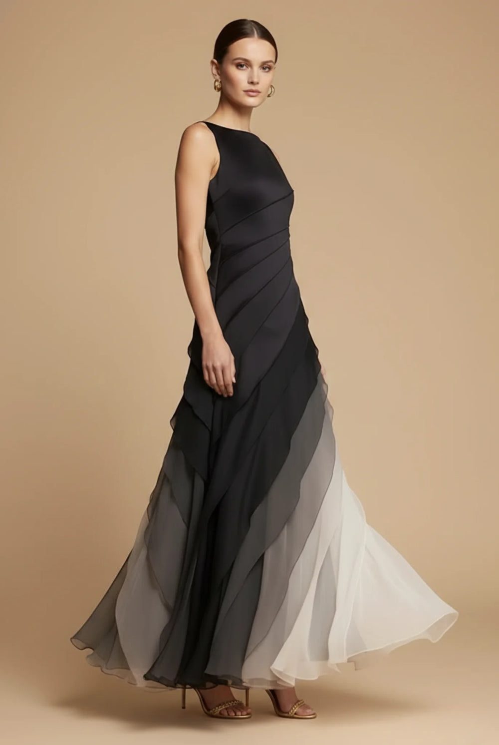 Close-up view of the diagonal tiered chiffon panels creating an ombré gradient effect