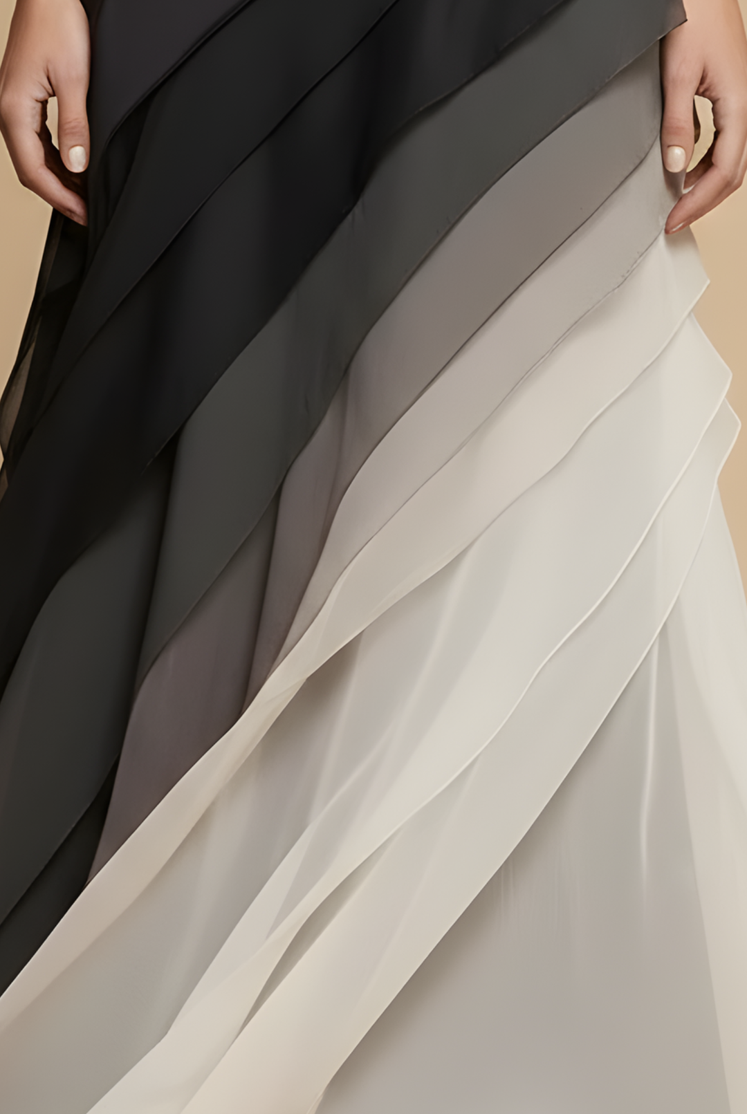 Full-length view of the structured bodice and floor-length ombré chiffon skirt