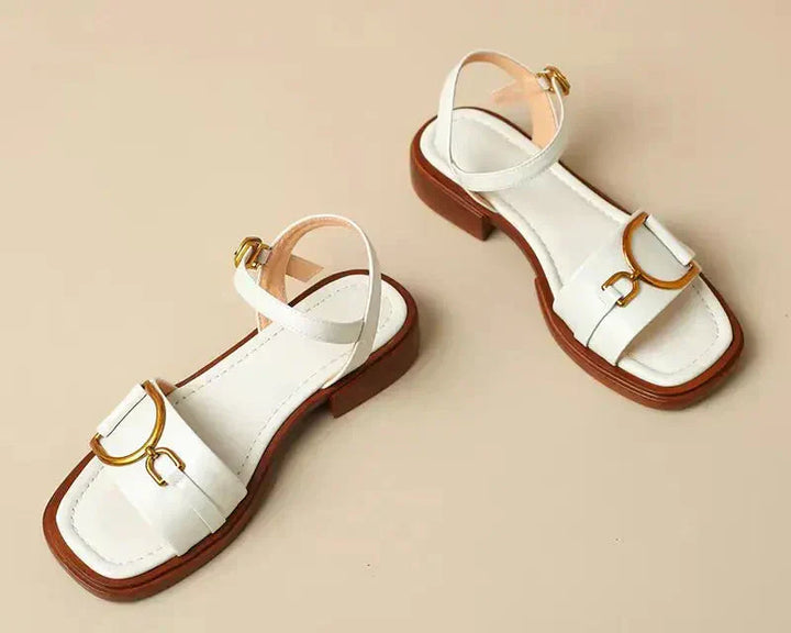 Overhead view of women's flat leather sandals with modern square toe and gold buckle accents