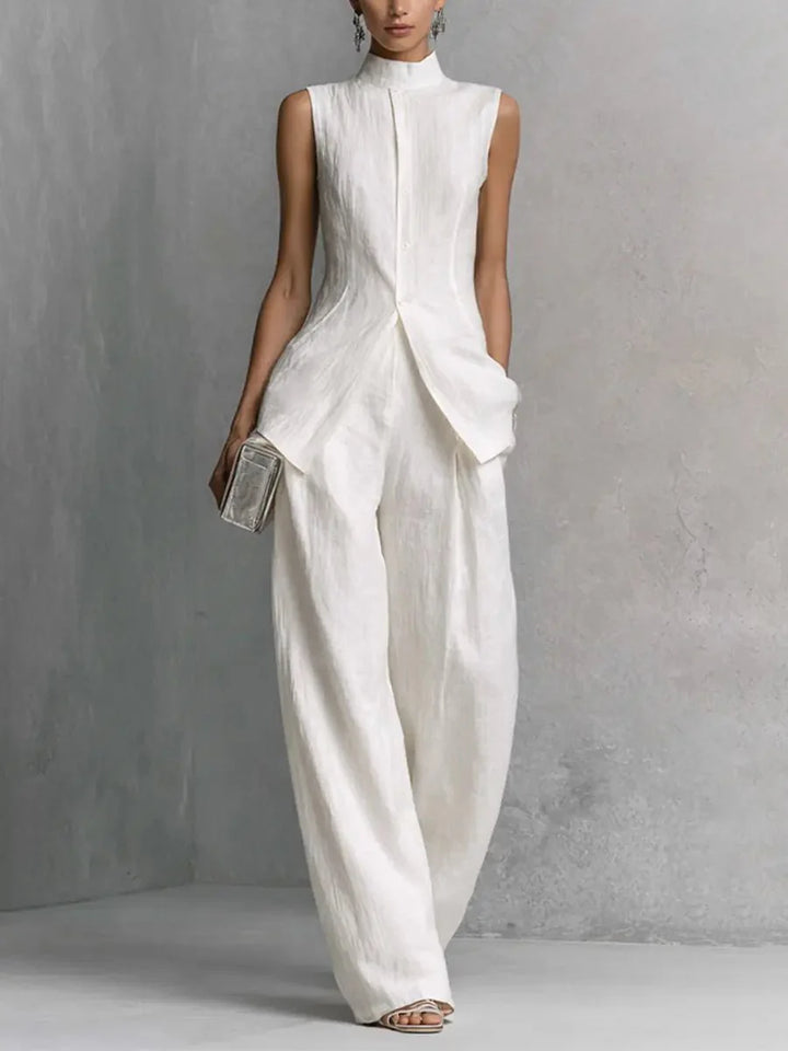 Women's Cotton-Linen Stand-Collar Wide-Leg Two-Piece Set with sleeveless top and flowing wide-leg trousers in white