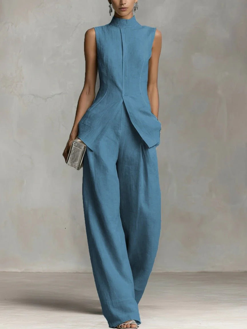 Women's Cotton-Linen Stand-Collar Wide-Leg Two-Piece Set showing coordinated ensemble and refined tailoring