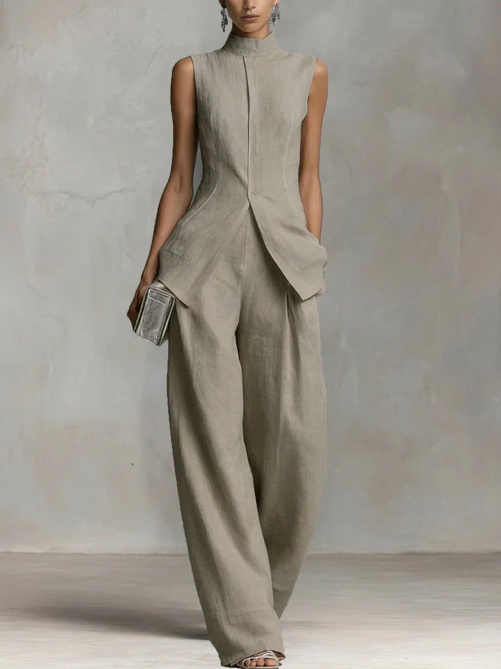 Detail of Women's Cotton-Linen Stand-Collar Wide-Leg Two-Piece Set high-waisted trouser fit and wide-leg cut
