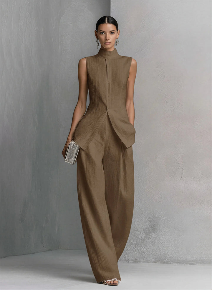 Side angle of Women's Cotton-Linen Stand-Collar Wide-Leg Two-Piece Set displaying wide-leg silhouette and tailored fit