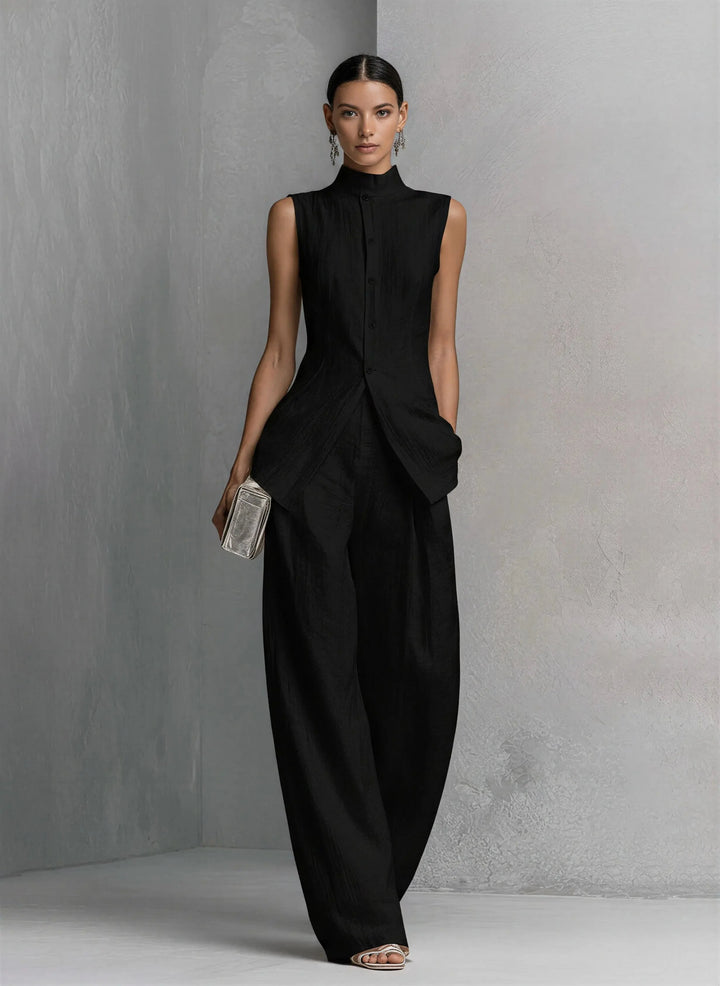 Detail shot of Women's Cotton-Linen Stand-Collar Wide-Leg Two-Piece Set showing shell button closure and stand collar