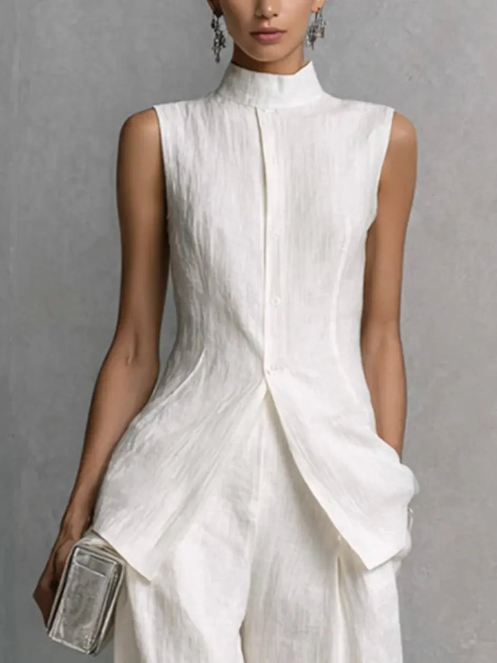 Full-length view of Women's Cotton-Linen Stand-Collar Wide-Leg Two-Piece Set styled with heeled sandals