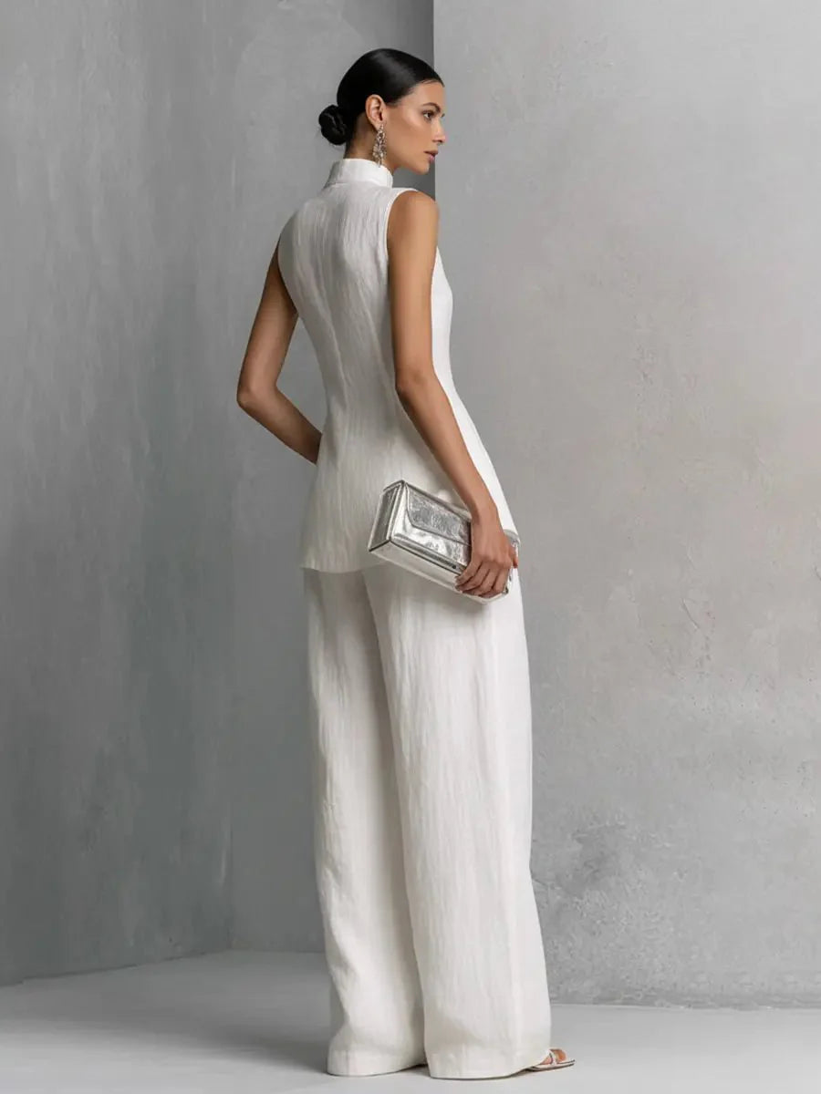 Close-up of Women's Cotton-Linen Stand-Collar Wide-Leg Two-Piece Set fabric texture and construction details