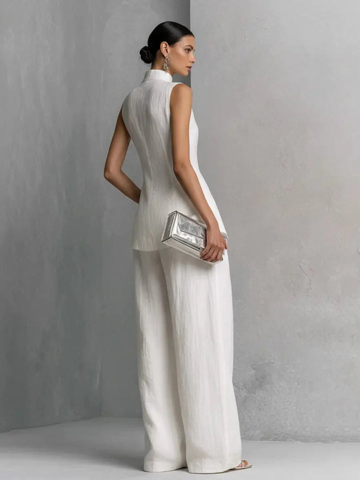Close-up of Women's Cotton-Linen Stand-Collar Wide-Leg Two-Piece Set fabric texture and construction details