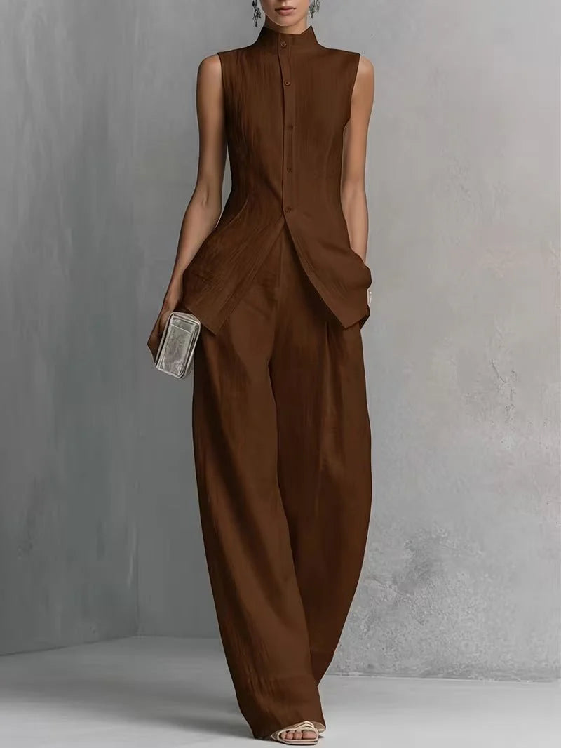 Women's Cotton-Linen Stand-Collar Wide-Leg Two-Piece Set worn with statement jewellery for evening styling