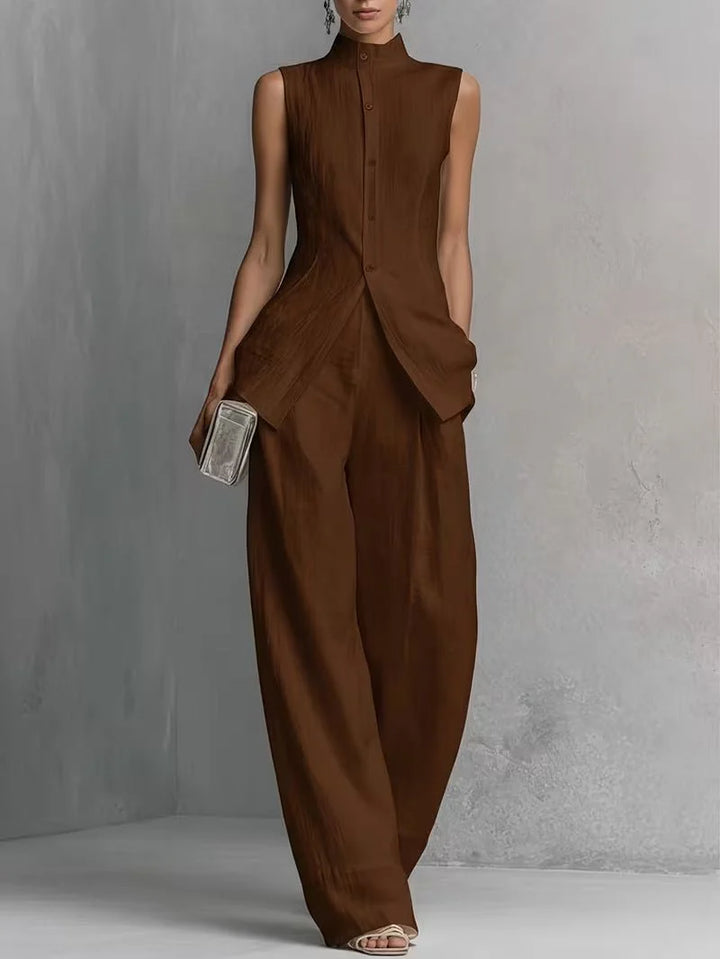 Women's Cotton-Linen Stand-Collar Wide-Leg Two-Piece Set worn with statement jewellery for evening styling