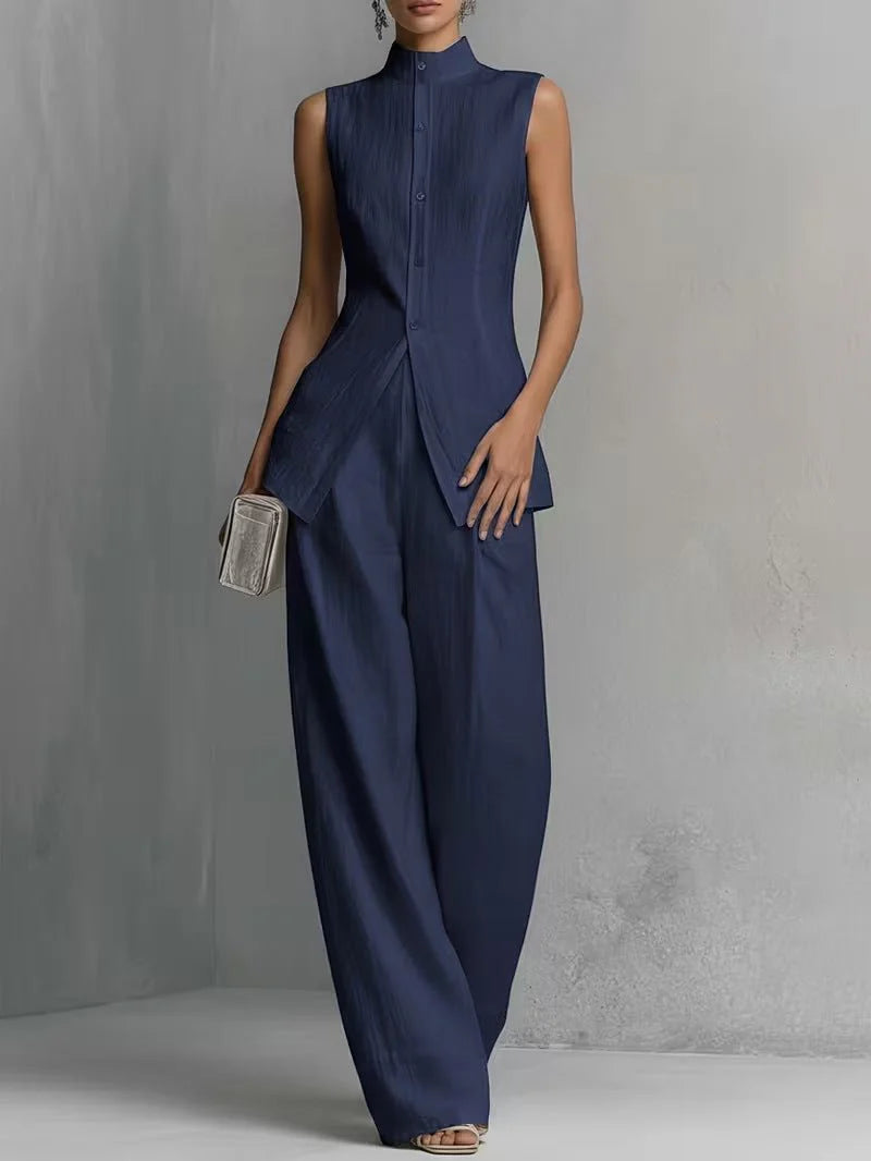 Alternative angle of Women's Cotton-Linen Stand-Collar Wide-Leg Two-Piece Set highlighting architectural silhouette