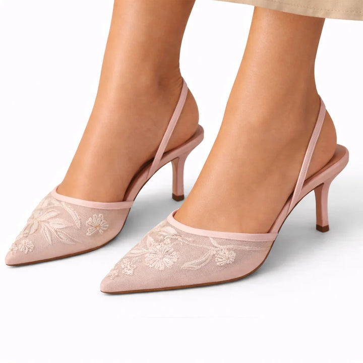Pointed toe embroidered heels in beige mesh with floral detail and slim heel