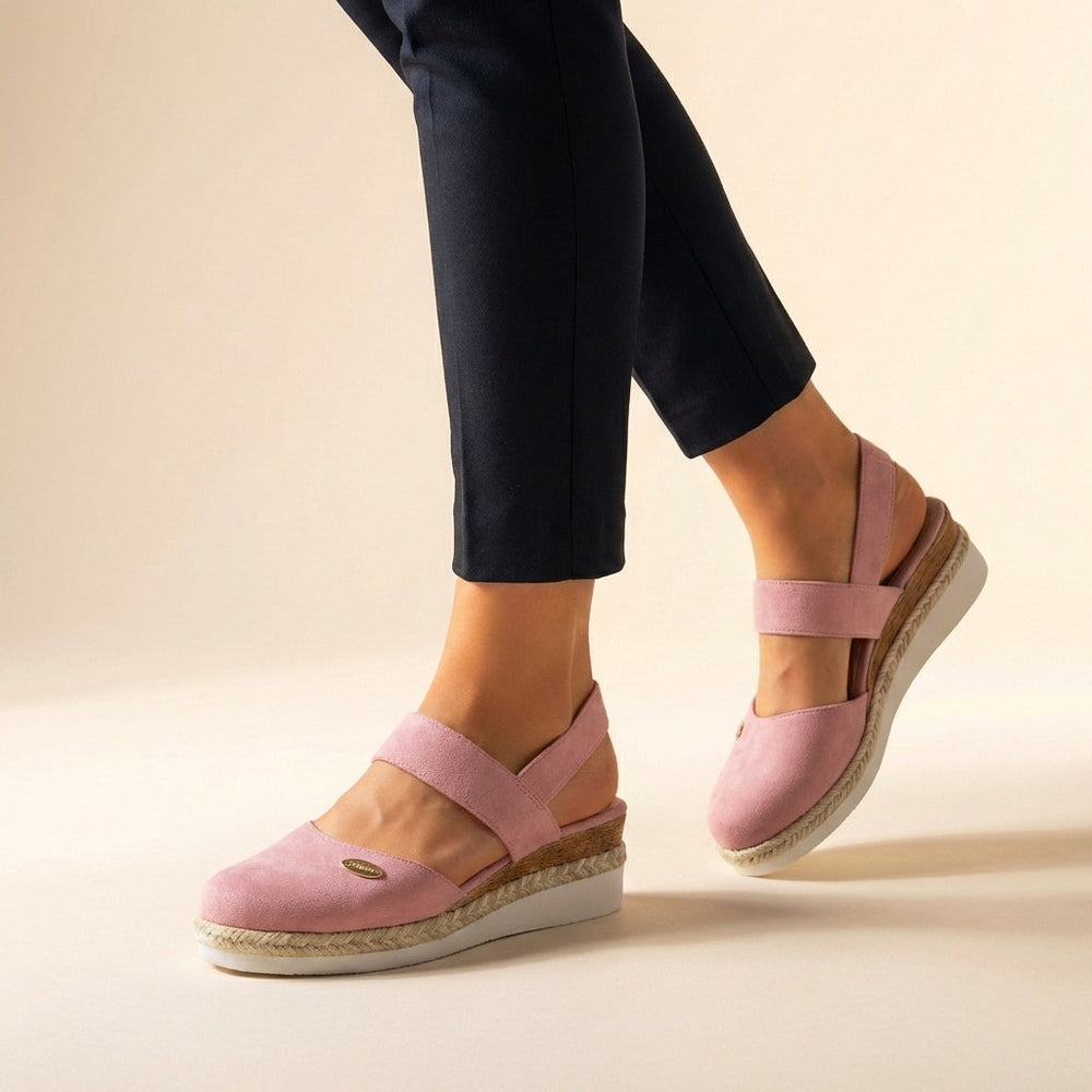 Close-up view of Women's Comfort Fit Orthopedic Espadrille Platform Sandals showing espadrille detailing and slingback closure design