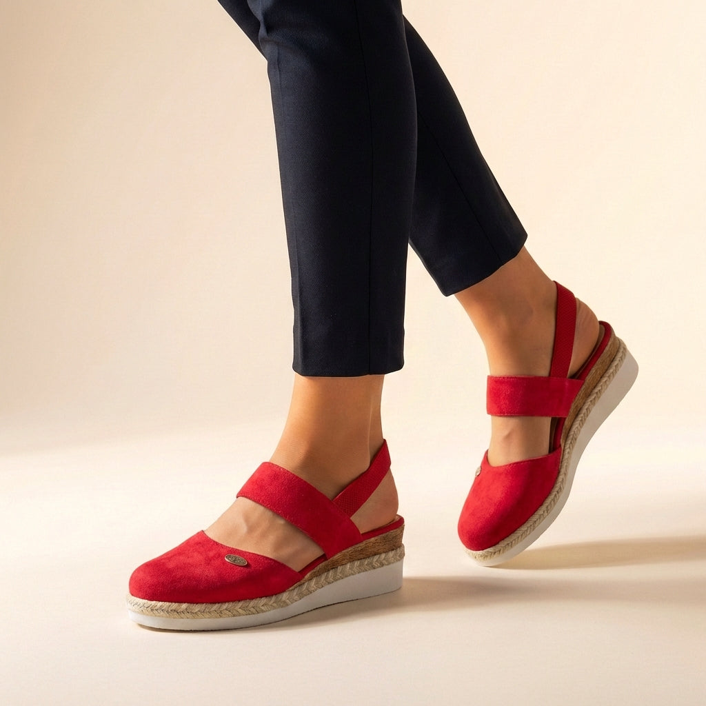 Side profile of Women's Comfort Fit Orthopedic Espadrille Platform Sandals displaying platform height and supportive footbed construction