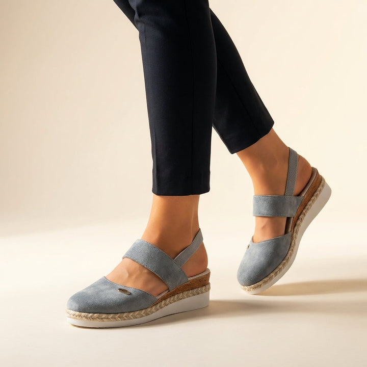 Detail shot of Women's Comfort Fit Orthopedic Espadrille Platform Sandals highlighting wide elastic straps and textile upper finish
