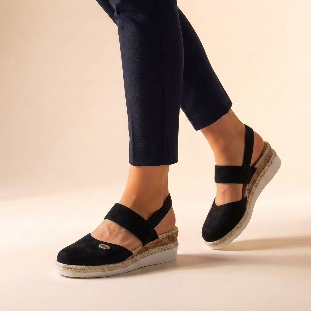 Rear view of Women's Comfort Fit Orthopedic Espadrille Platform Sandals showing adjustable slingback strap and heel counter support