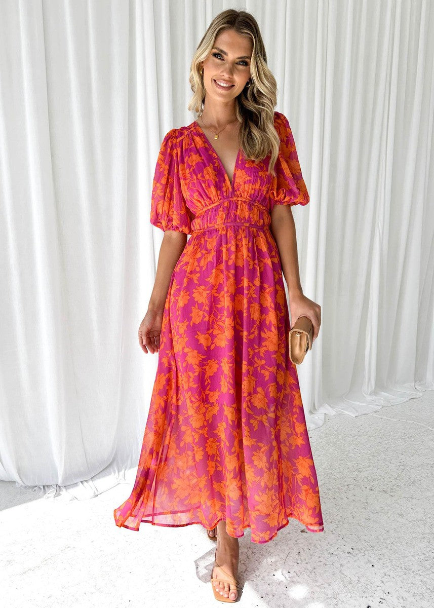 Women's Floral V Neck Maxi Wedding Guest Dress in vibrant pink and orange floral print with puff sleeves