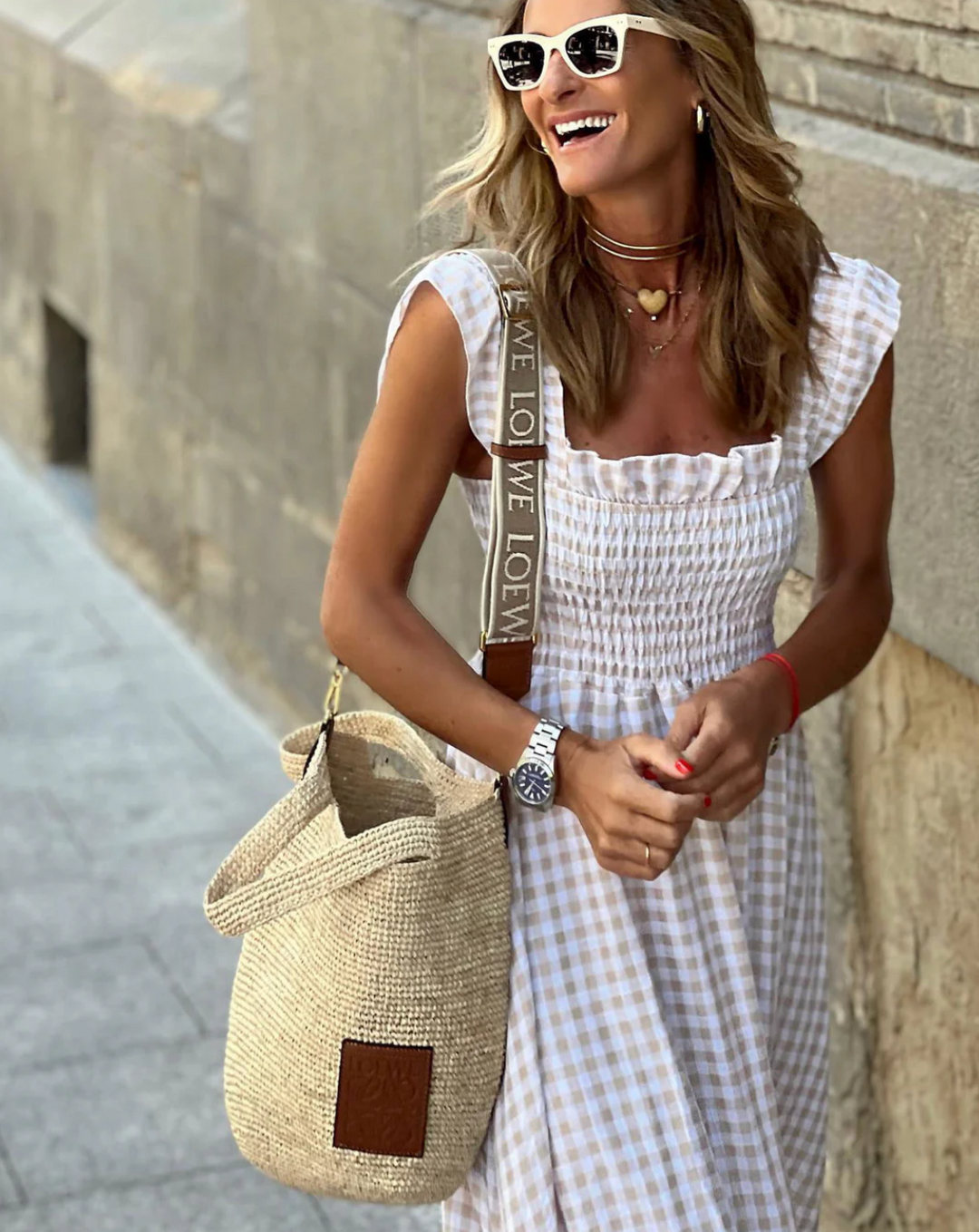 Full-length view of beige and white gingham print summer maxi dress with structured bodice