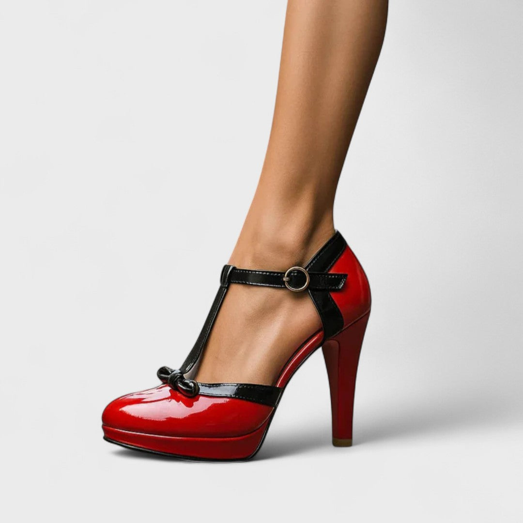 Rear view of Orthopedic T-Strap Heels displaying slim heel and ankle strap with buckle fastening