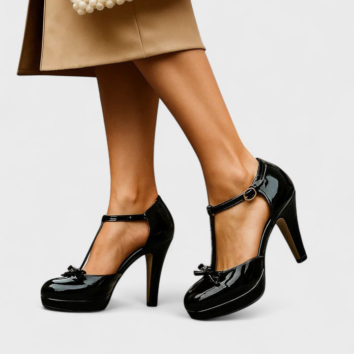 Full view of Orthopedic T-Strap Heels with platform, T-strap, and bow accent for elegant occasions