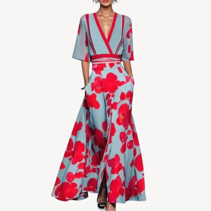 Side view of Women's Elegant Maxi Wedding Guest Evening Dress displaying flowing maxi-length skirt with front slit