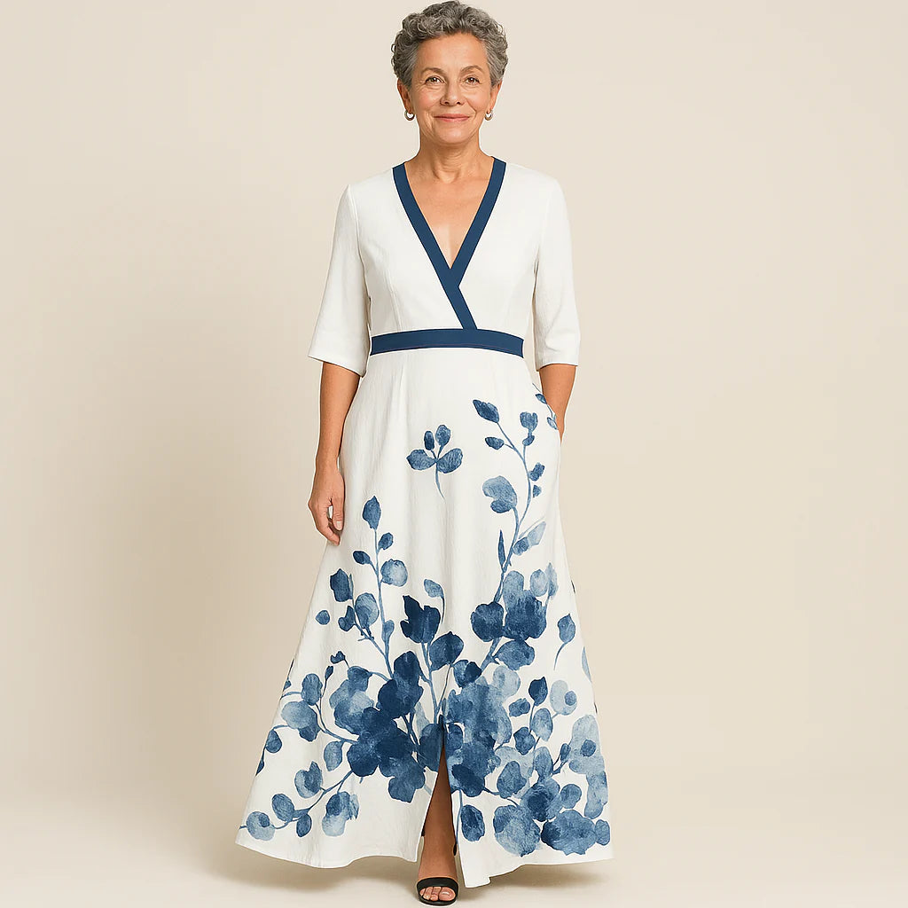 Detail shot of Women's Elegant Maxi Wedding Guest Evening Dress contrast white trim and structured fabric