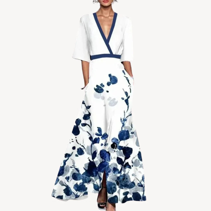 Full-length view of Women's Elegant Maxi Wedding Guest Evening Dress styled for formal evening occasions