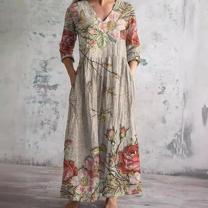Women V-Neck and Floral Pattern Dress with botanical print and three-quarter sleeves in relaxed ankle-length silhouette
