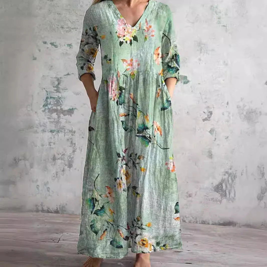 Side view of relaxed fit floral pattern dress showing three-quarter sleeves and ankle-length hem