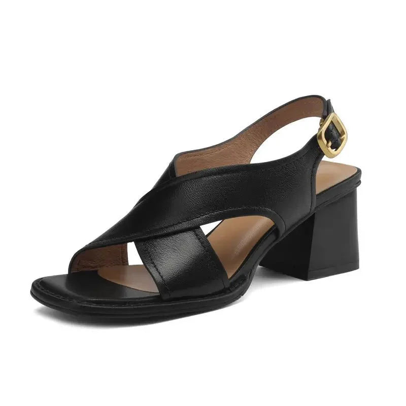 Detail shot of Women's Fisherman Sandals Leather Crossover Low Block Heel highlighting square open toe and smooth leather finish