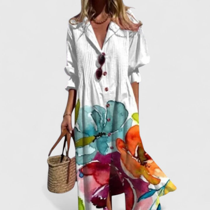 Close-up view of Women's Floral Button Front Midi Dress showing collar detail and button-through design