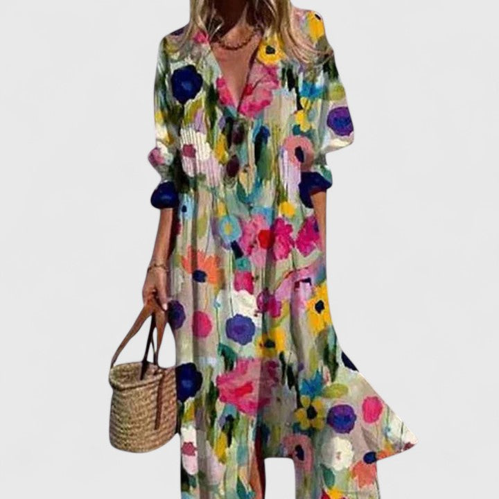 Side angle of Women's Floral Button Front Midi Dress displaying relaxed fit and flowing midi length