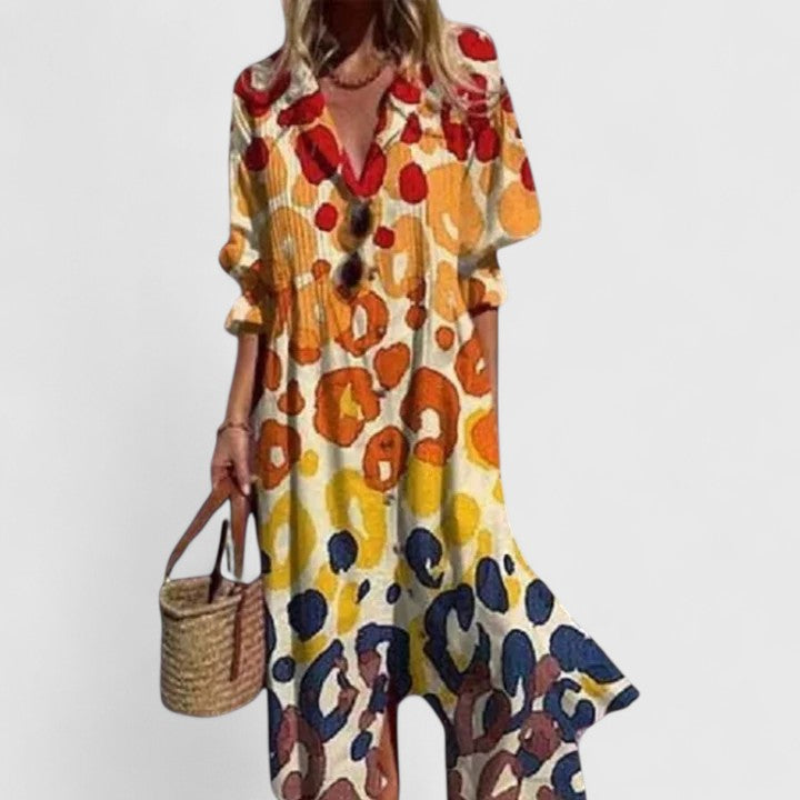 Detail shot of floral print pattern on Women's Floral Button Front Midi Dress fabric