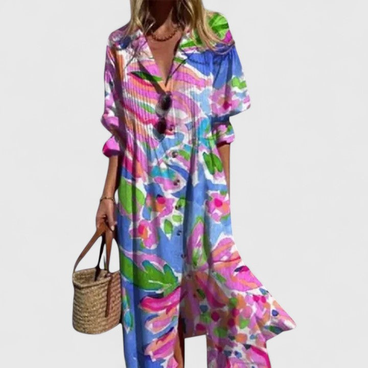Woman styling Women's Floral Button Front Midi Dress with woven basket bag for summer outing