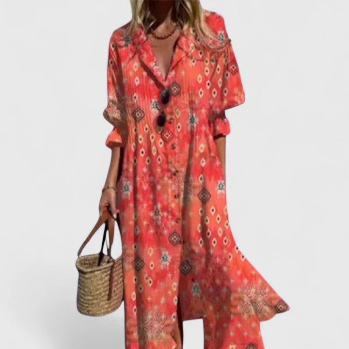 Full-length view of Women's Floral Button Front Midi Dress showing short sleeves and botanical motif