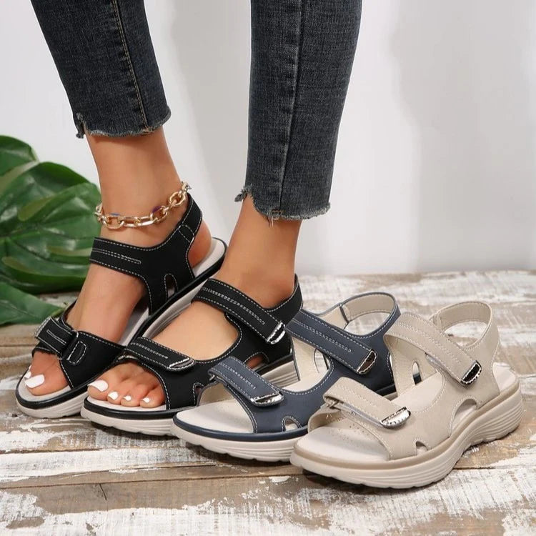 Women's orthopaedic sandals styled for summer wear with comfortable wedge sole and supportive construction