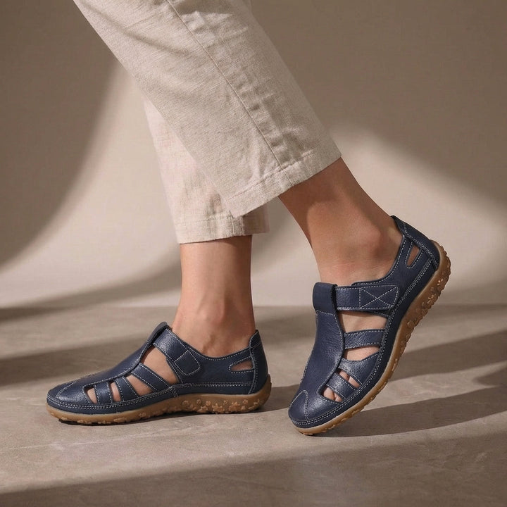Close-up of adjustable strap closure on Women's Orthopedic Closed Toe Sandals with smooth upper finish
