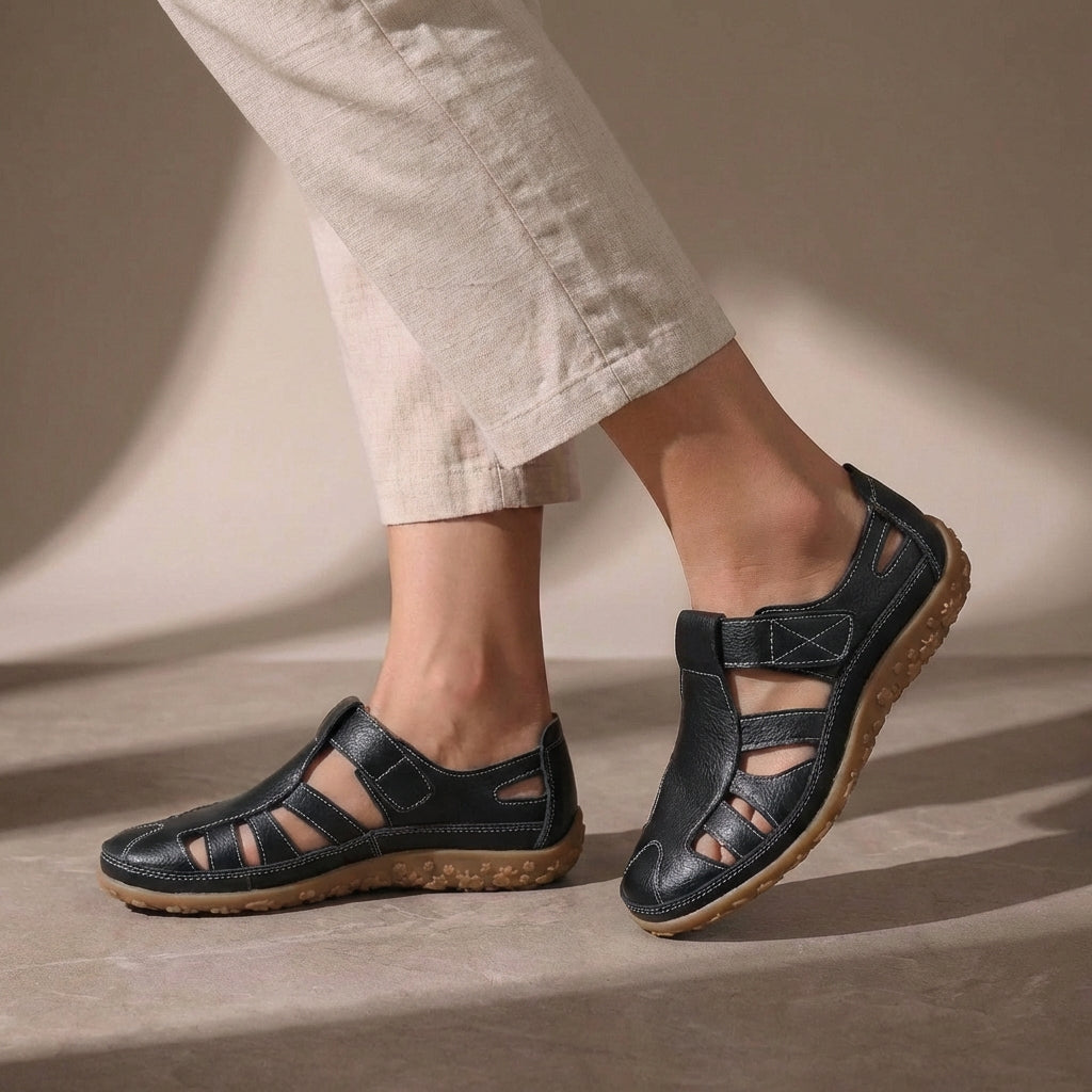 Rear view of Women's Orthopedic Adjustable Strap Closed Toe Sandals displaying heel counter and textured outsole