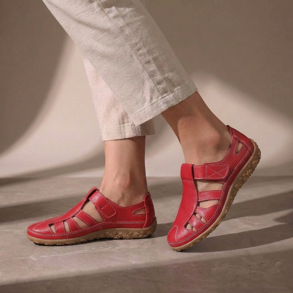Top-down view of Women's Orthopedic Adjustable Strap Closed Toe Sandals showing cut-out pattern and strap placement
