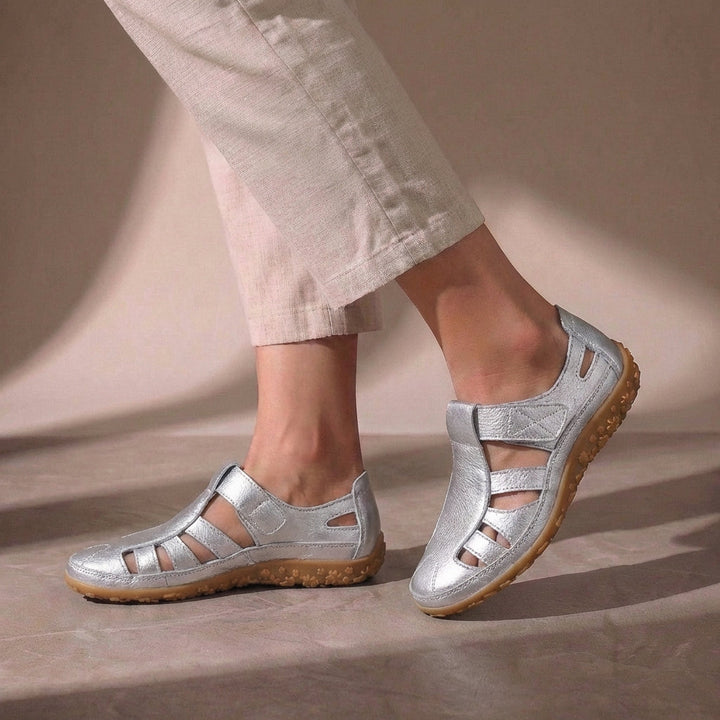 Detail shot of flexible sole and tread pattern on Women's Orthopedic Adjustable Strap Closed Toe Sandals