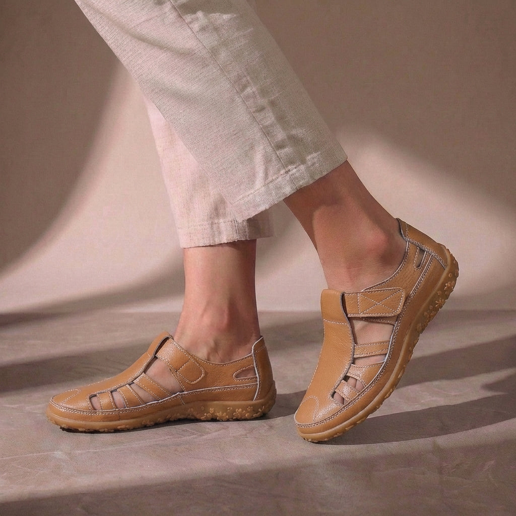 Women's Orthopedic Adjustable Strap Closed Toe Sandals styled with casual summer outfit on model