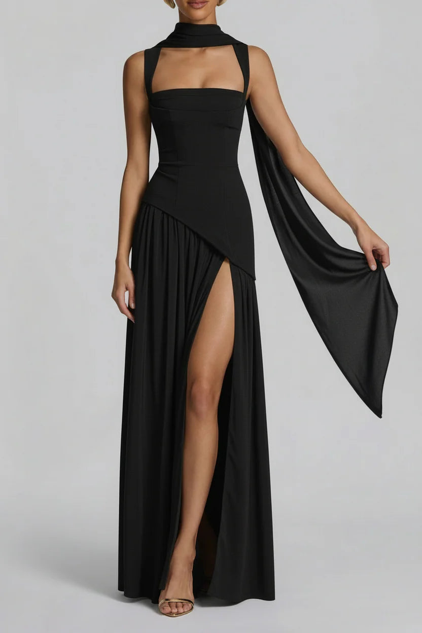 Women's Black Maxi Dress with square neckline, fitted bodice, high side slit, and halter choker strap detail